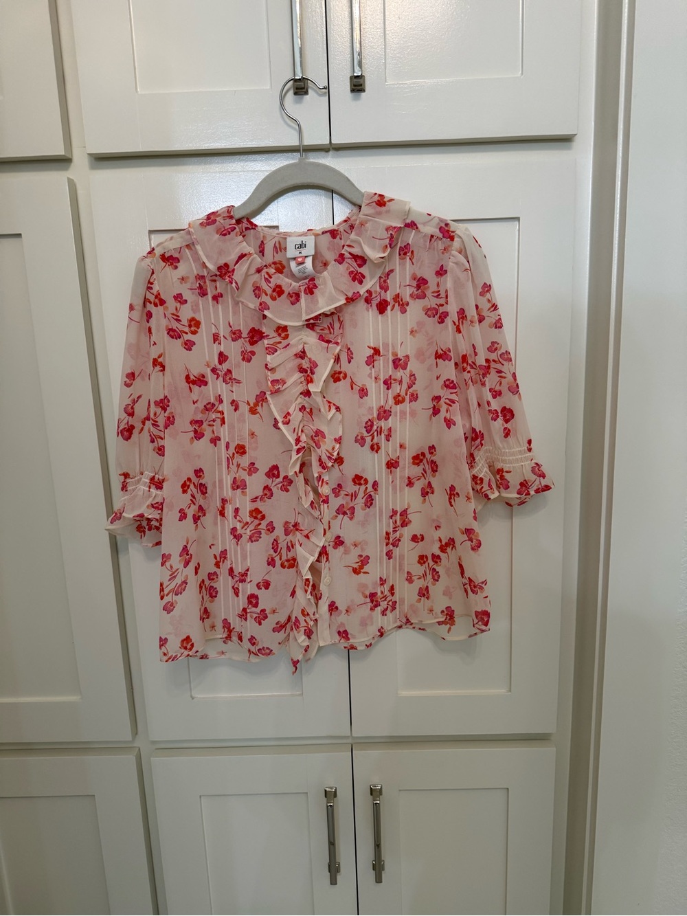 CAbi Pink & Red Floral Ruffle Blouse